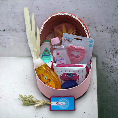 Baby Girl Essentials Box, Johnson Baby Products, Teether, Baby Wipes, Dried Flowers